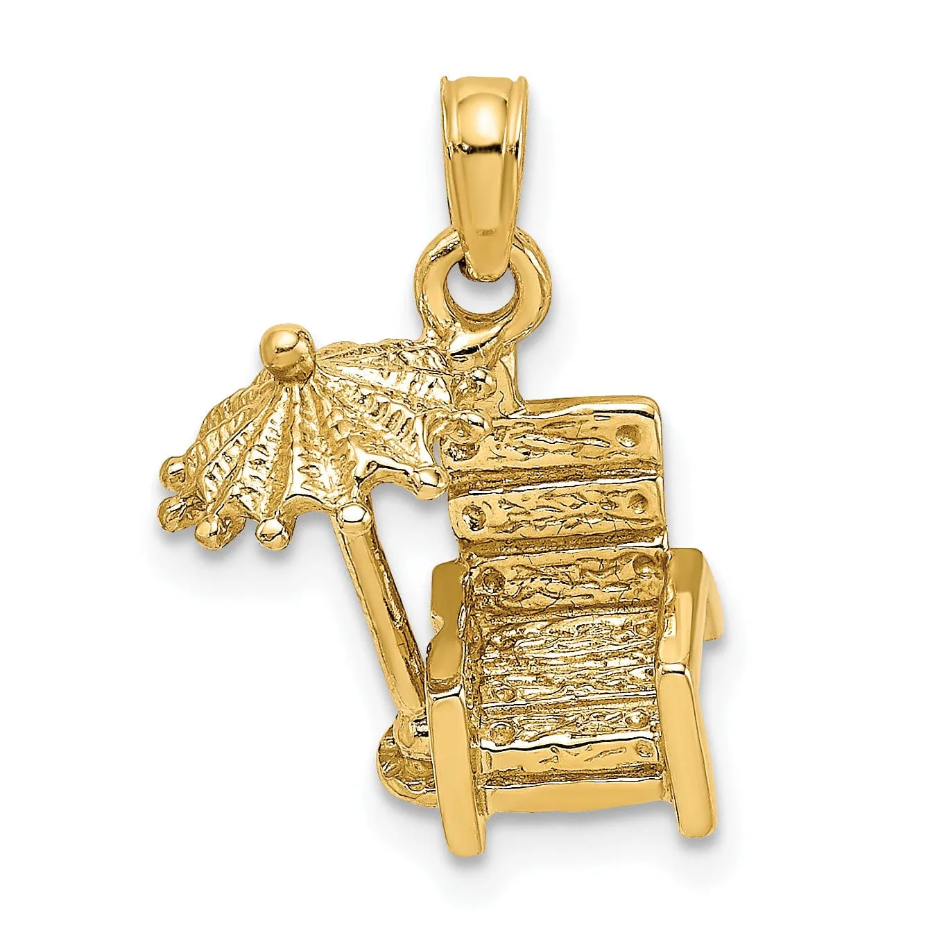 14K Yellow Gold Textured Polished Finish 3-Dimensional Beach Chair with Umbrella Charm Pendant