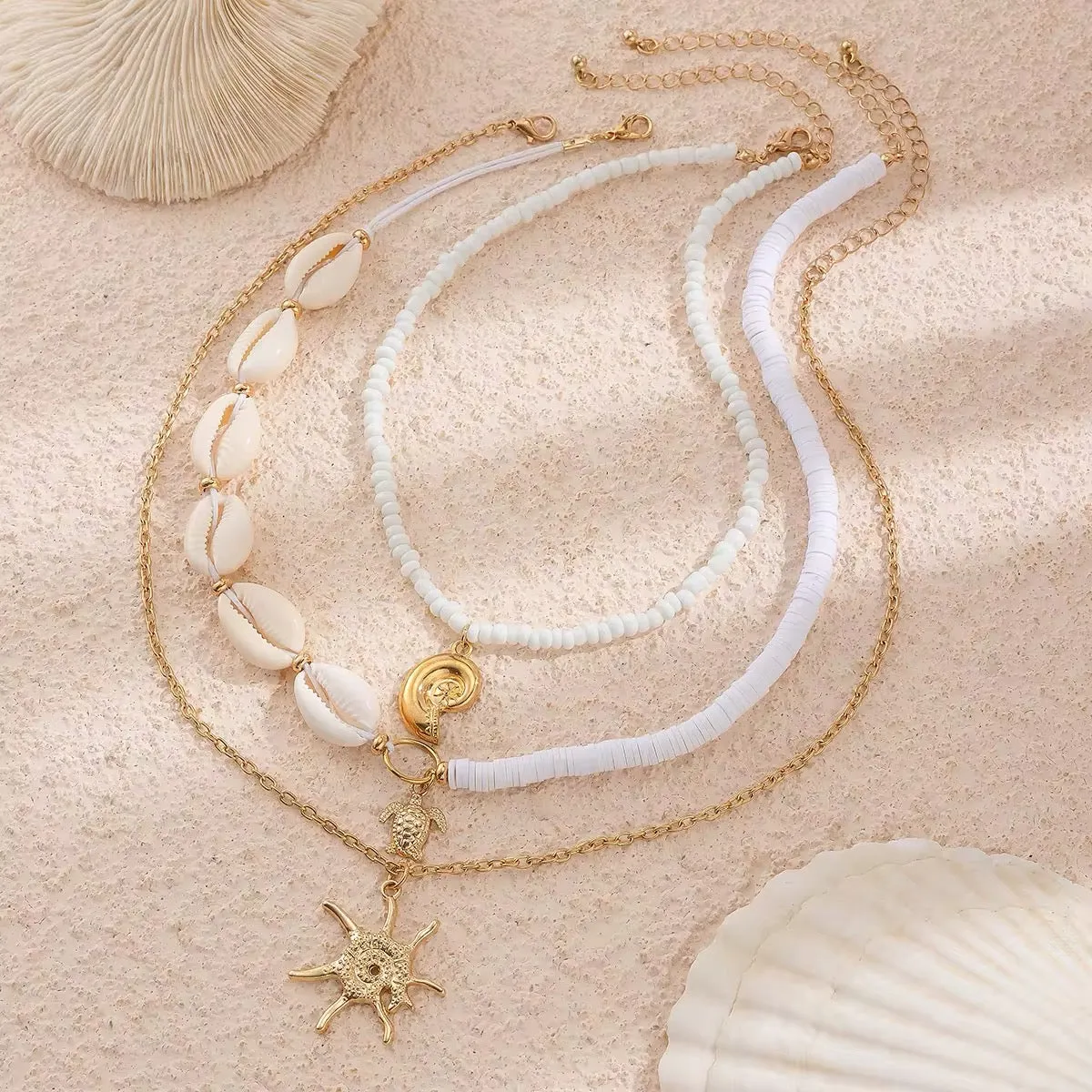 3-Piece Boho Set - Gold Color Sea Turtle, Seashell, and Sun Conch Pendant Necklace