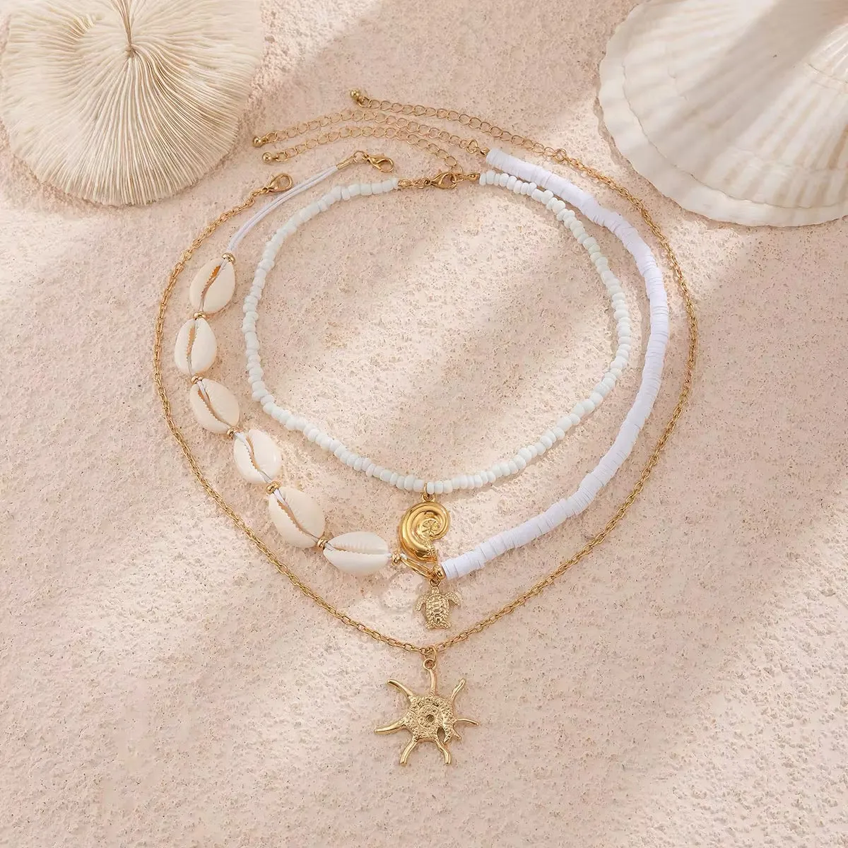3-Piece Boho Set - Gold Color Sea Turtle, Seashell, and Sun Conch Pendant Necklace
