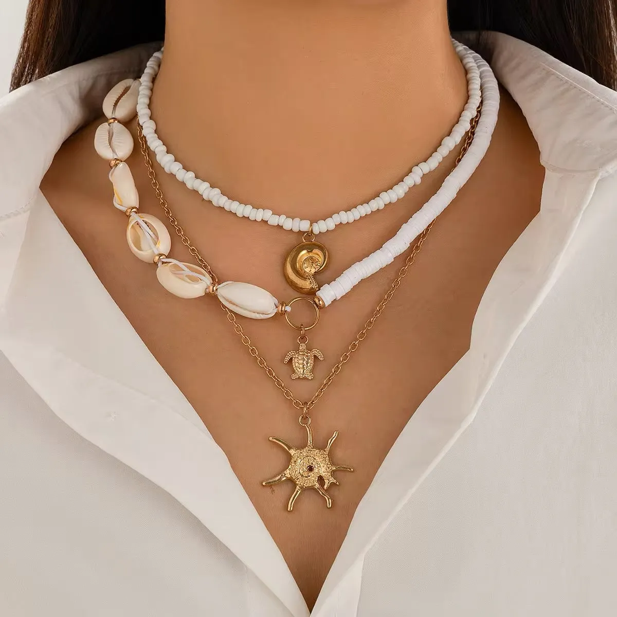 3-Piece Boho Set - Gold Color Sea Turtle, Seashell, and Sun Conch Pendant Necklace