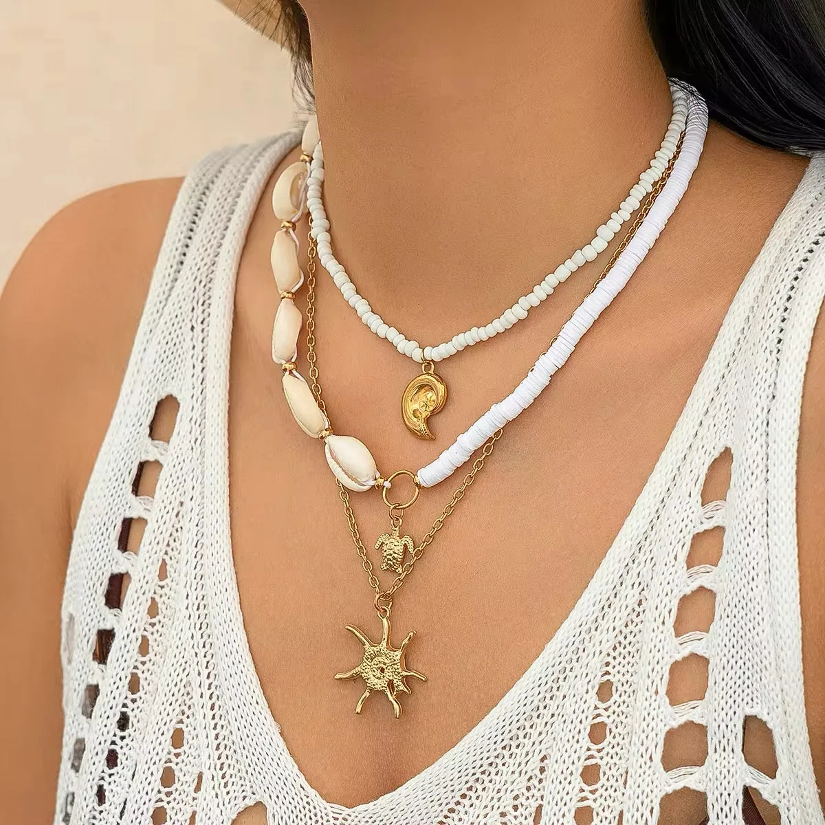 3-Piece Boho Set - Gold Color Sea Turtle, Seashell, and Sun Conch Pendant Necklace