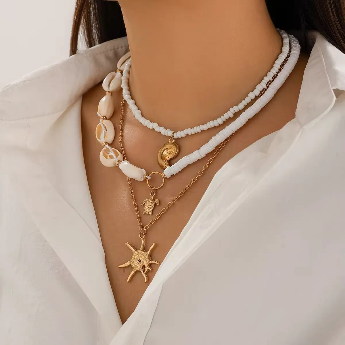 3-Piece Boho Set - Gold Color Sea Turtle, Seashell, and Sun Conch Pendant Necklace