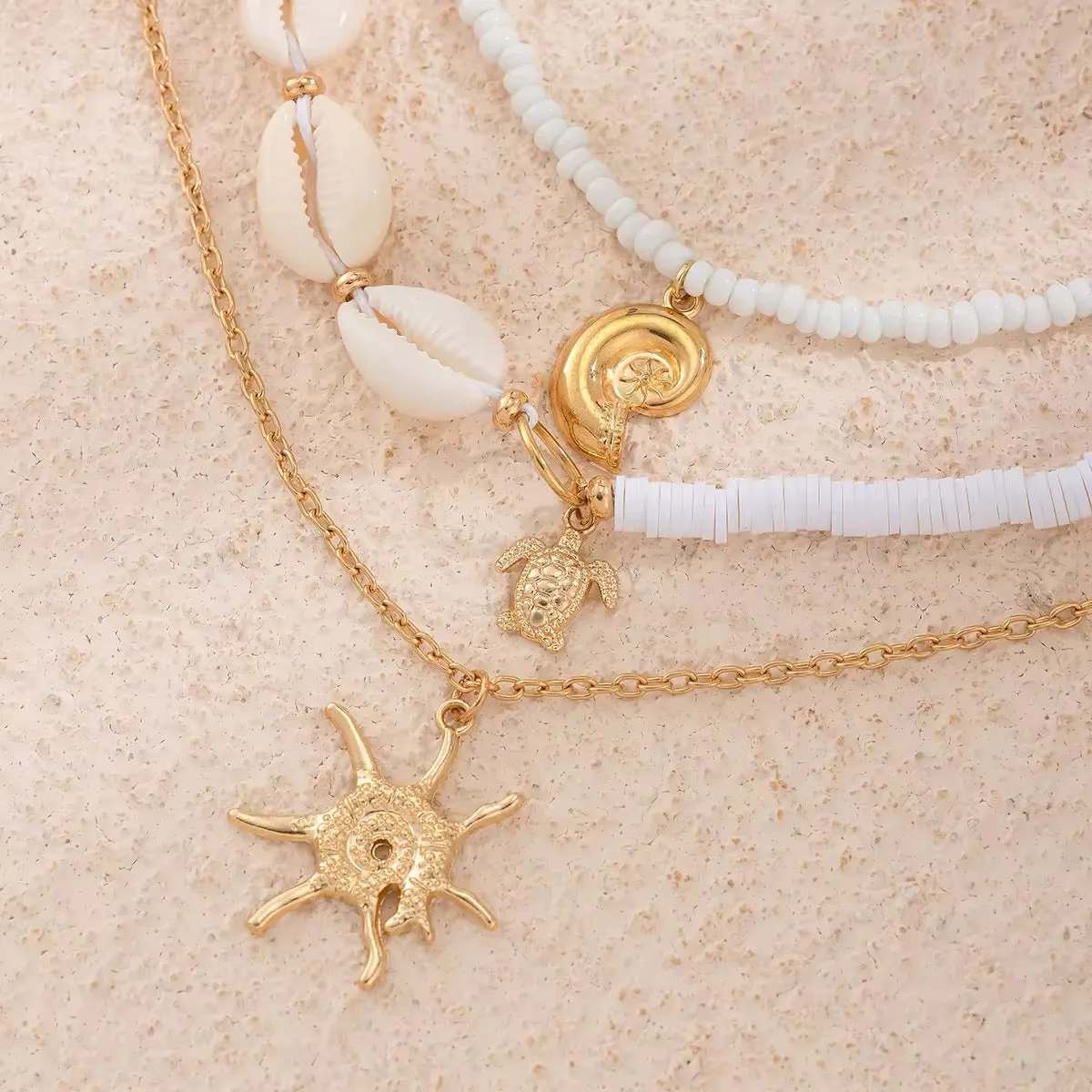 3-Piece Boho Set - Gold Color Sea Turtle, Seashell, and Sun Conch Pendant Necklace