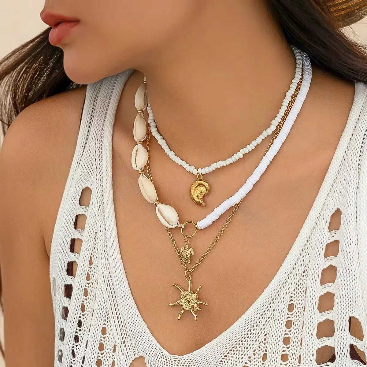 3-Piece Boho Set - Gold Color Sea Turtle, Seashell, and Sun Conch Pendant Necklace