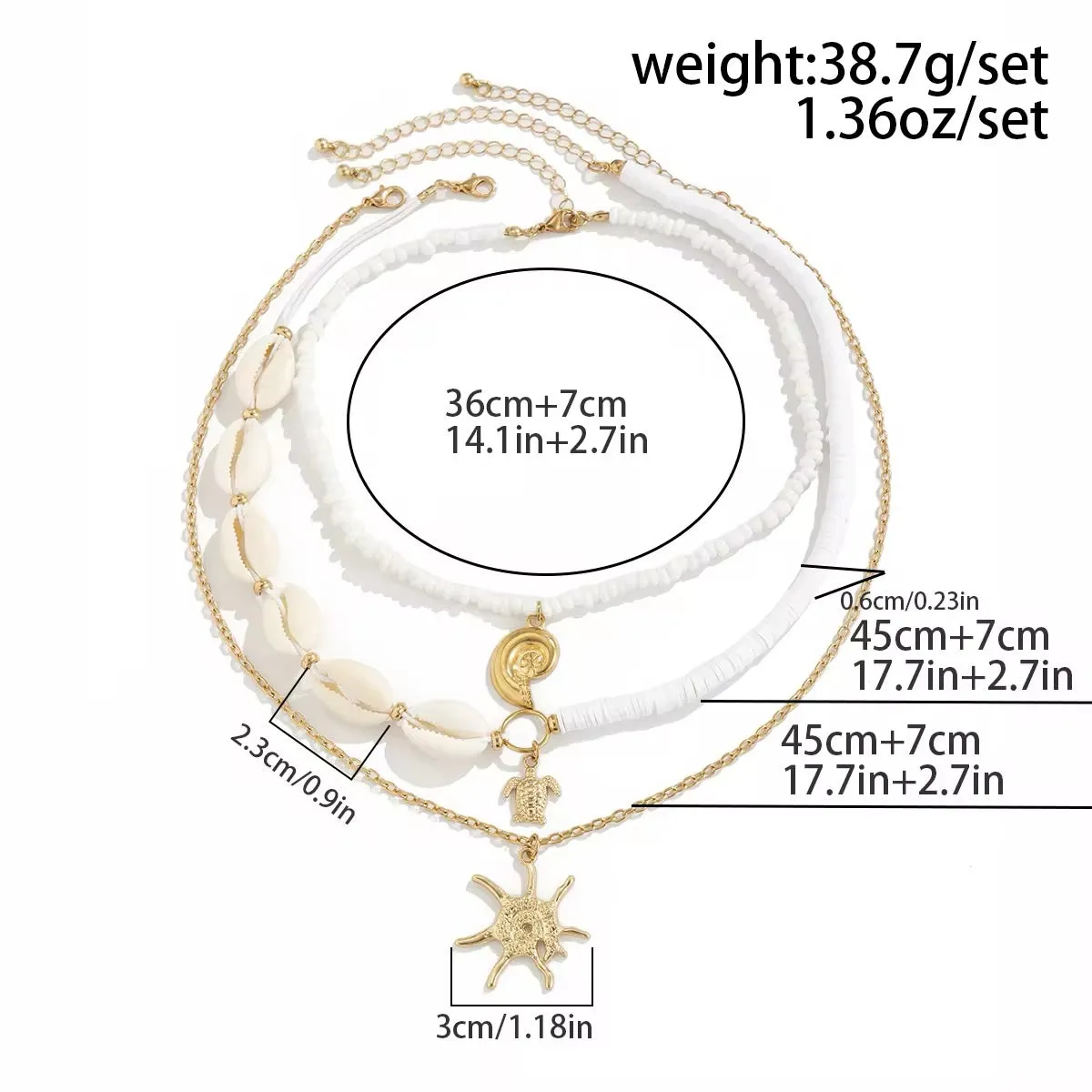 3-Piece Boho Set - Gold Color Sea Turtle, Seashell, and Sun Conch Pendant Necklace