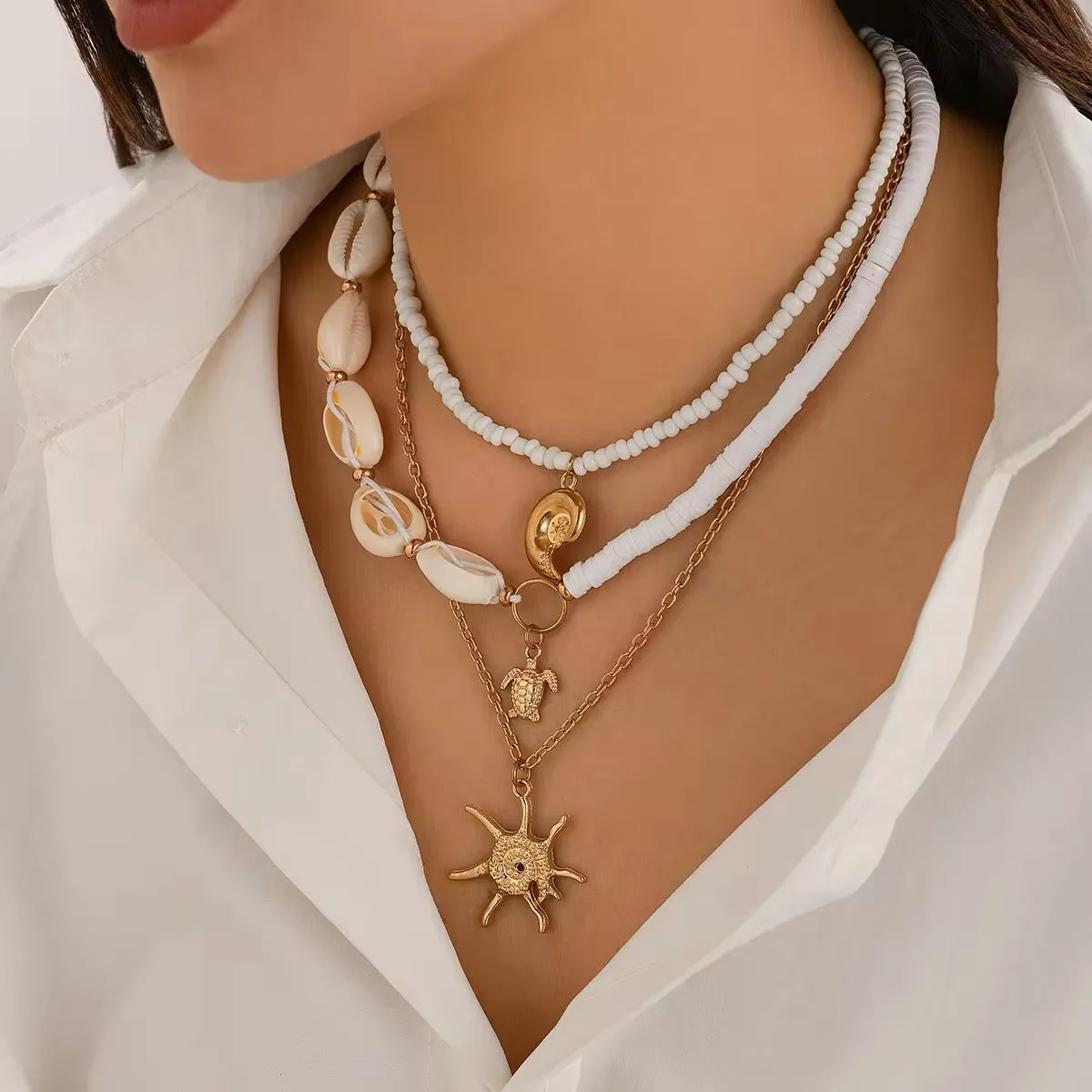 3-Piece Boho Set - Gold Color Sea Turtle, Seashell, and Sun Conch Pendant Necklace