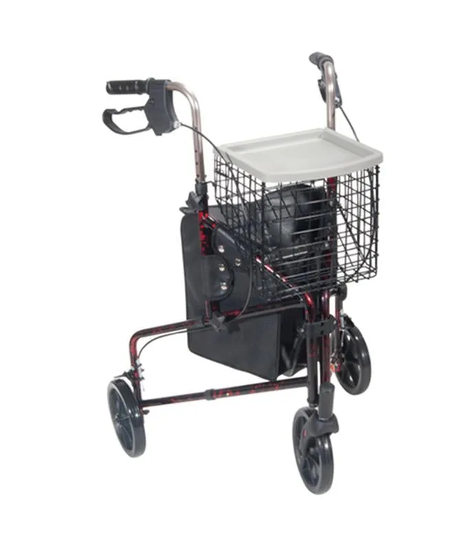 3 Wheel Rollator Rolling Walker with Basket Tray and Pouch, Flame Red - 1 Each