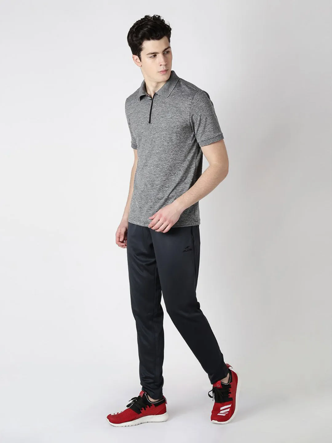Alcis Men Grey Melange Solid Slim Fit Polo Collar T-shirt