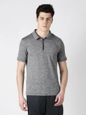 Alcis Men Grey Melange Solid Slim Fit Polo Collar T-shirt