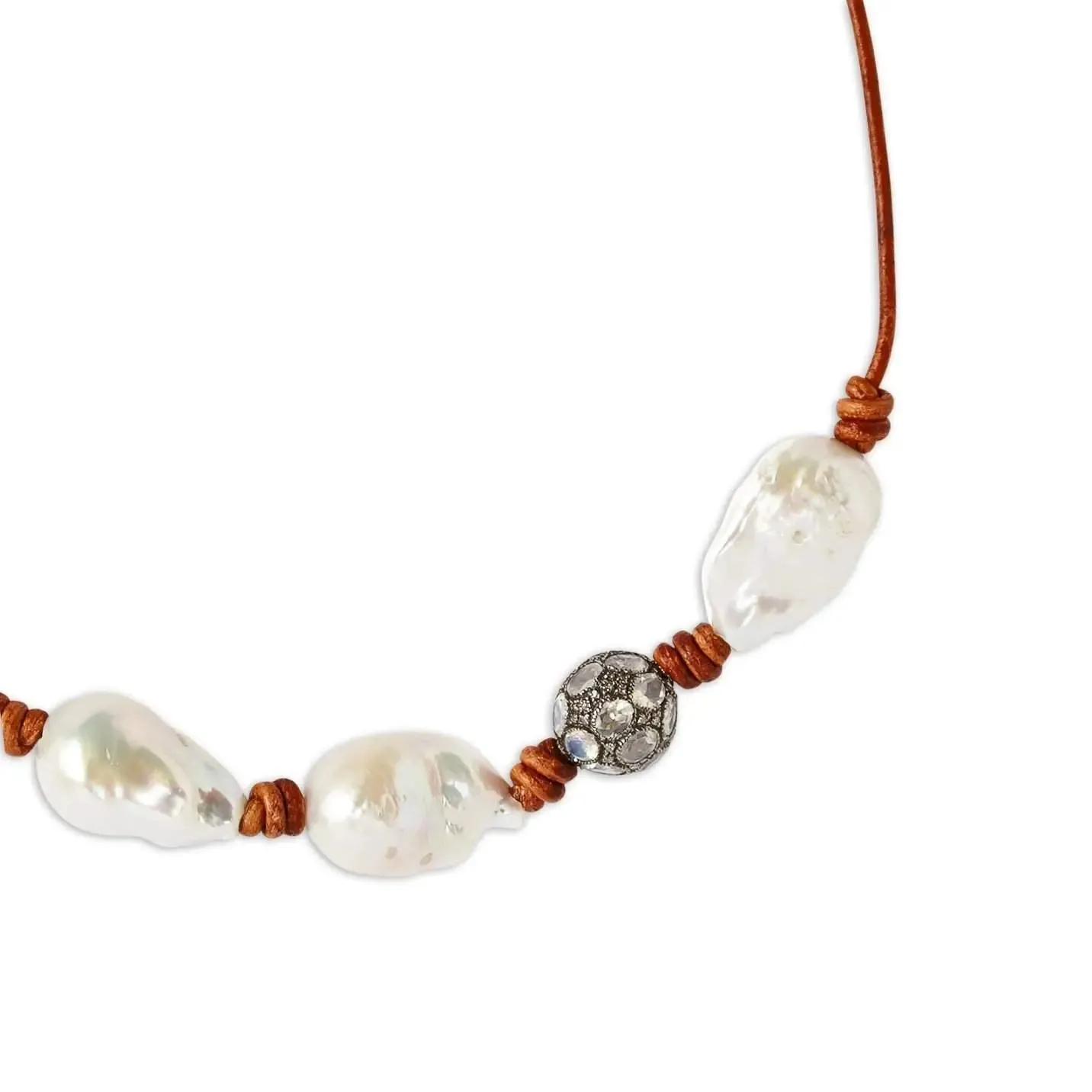 Baroque Pearl and Moonstone Diamond Leather Necklace