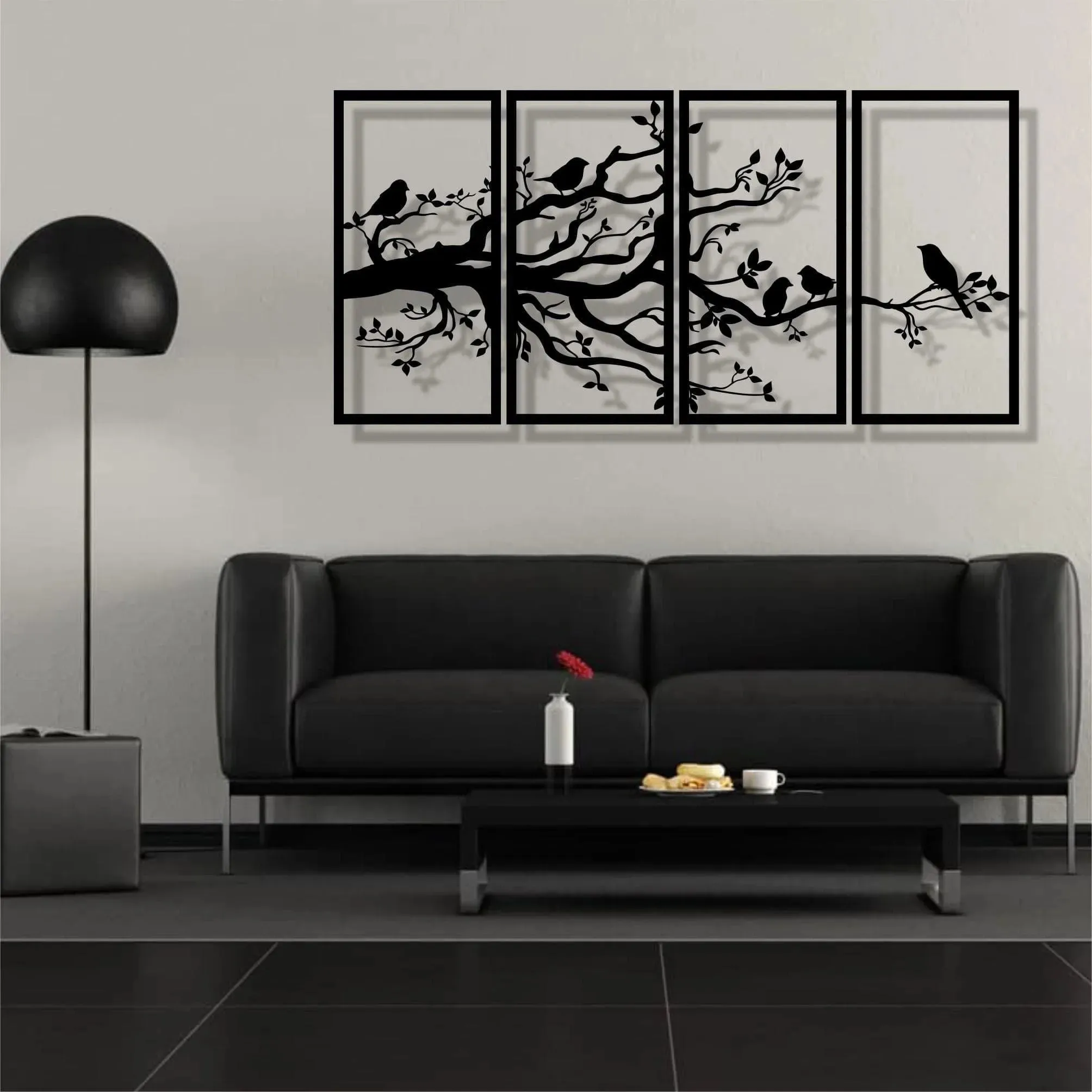 Birds on Branch Wall Art Metal Wall Hanging Decor - 4 panel