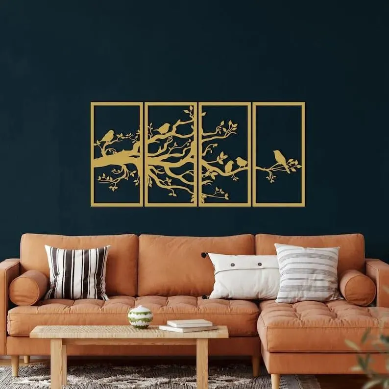 Birds on Branch Wall Art Metal Wall Hanging Decor - 4 panel