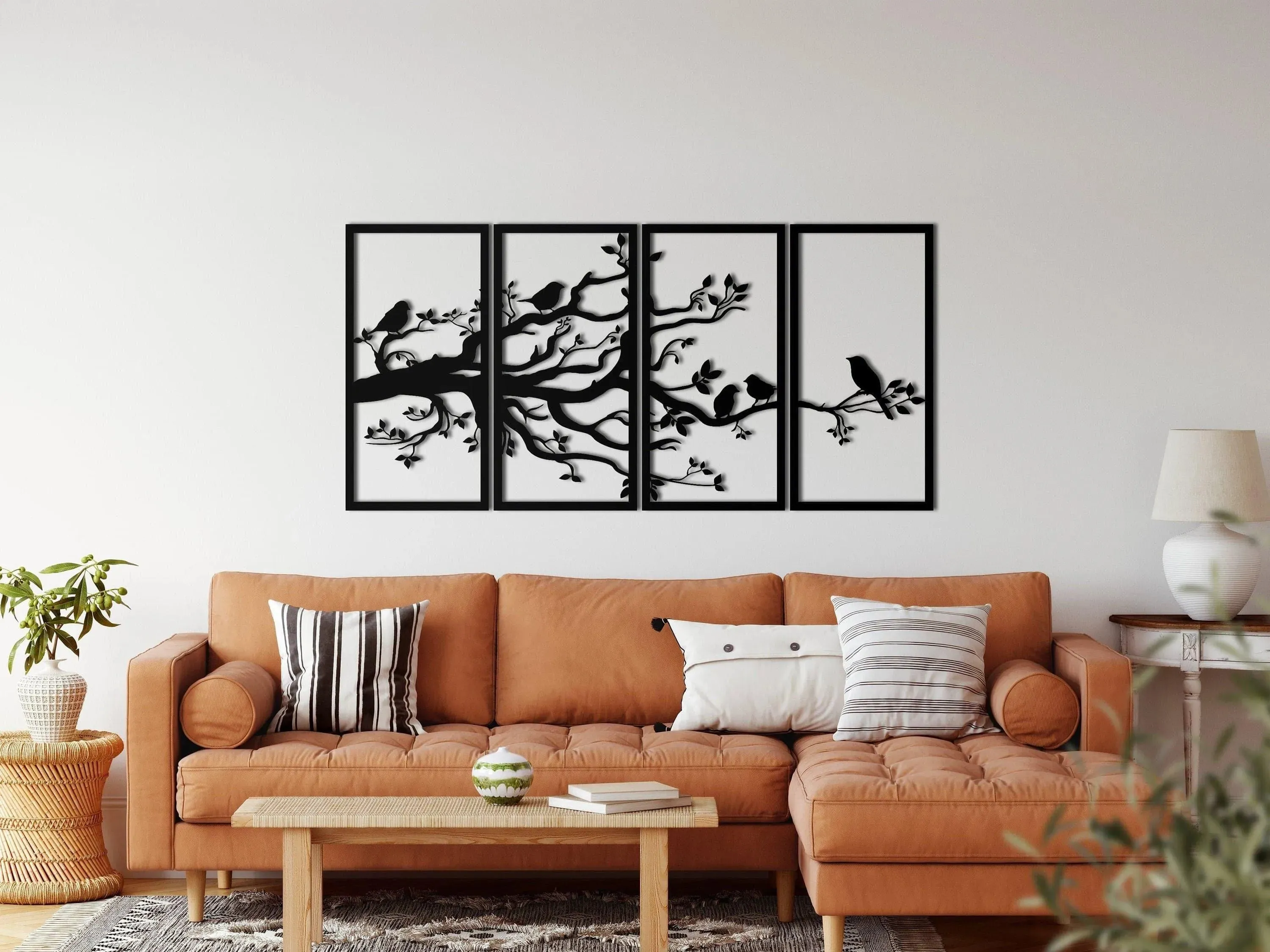 Birds on Branch Wall Art Metal Wall Hanging Decor - 4 panel