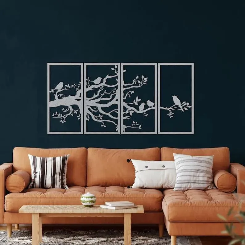 Birds on Branch Wall Art Metal Wall Hanging Decor - 4 panel
