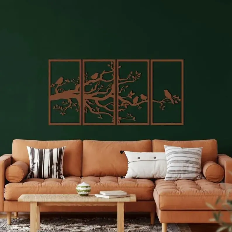 Birds on Branch Wall Art Metal Wall Hanging Decor - 4 panel