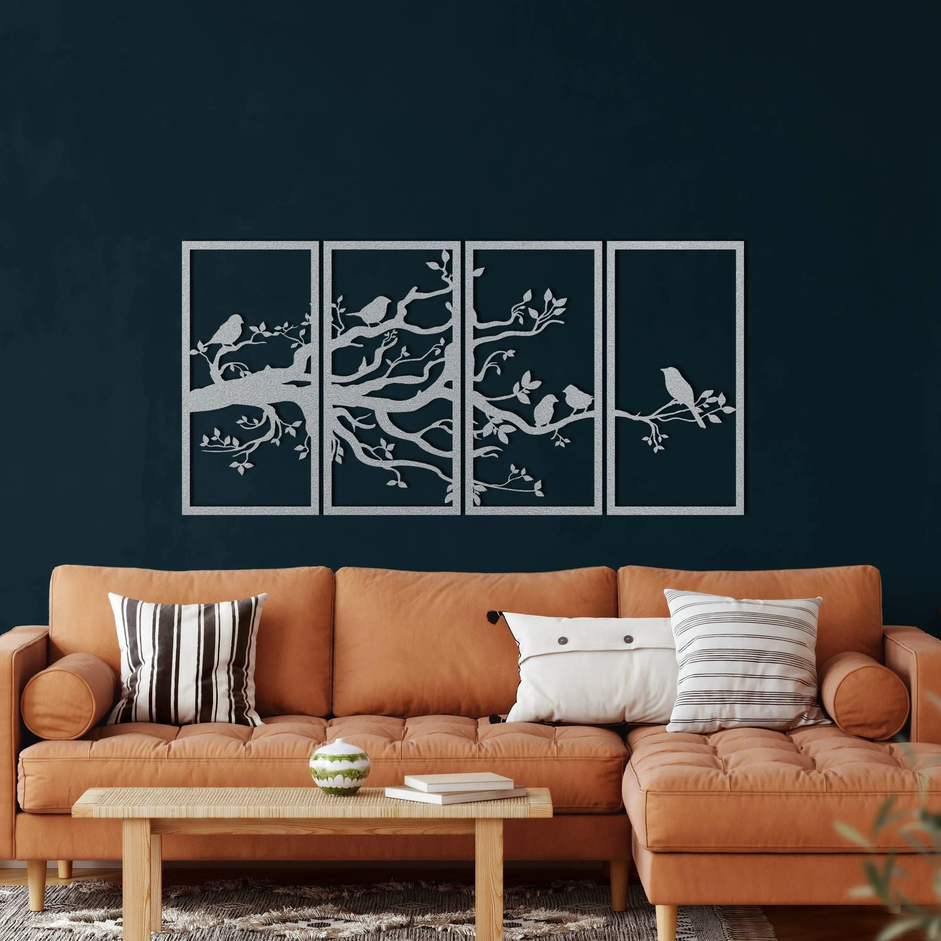 Birds on Branch Wall Art Metal Wall Hanging Decor - 4 panel