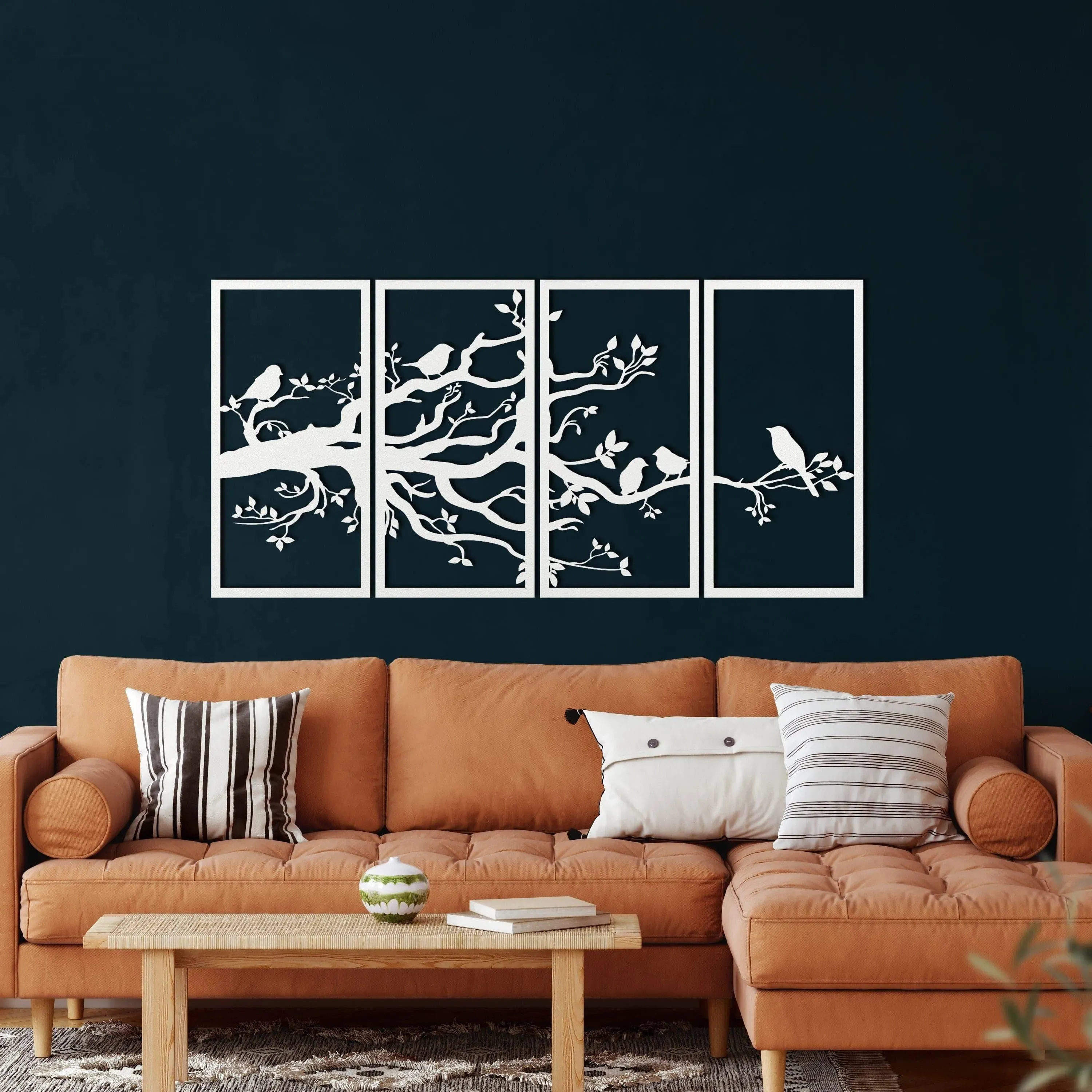 Birds on Branch Wall Art Metal Wall Hanging Decor - 4 panel