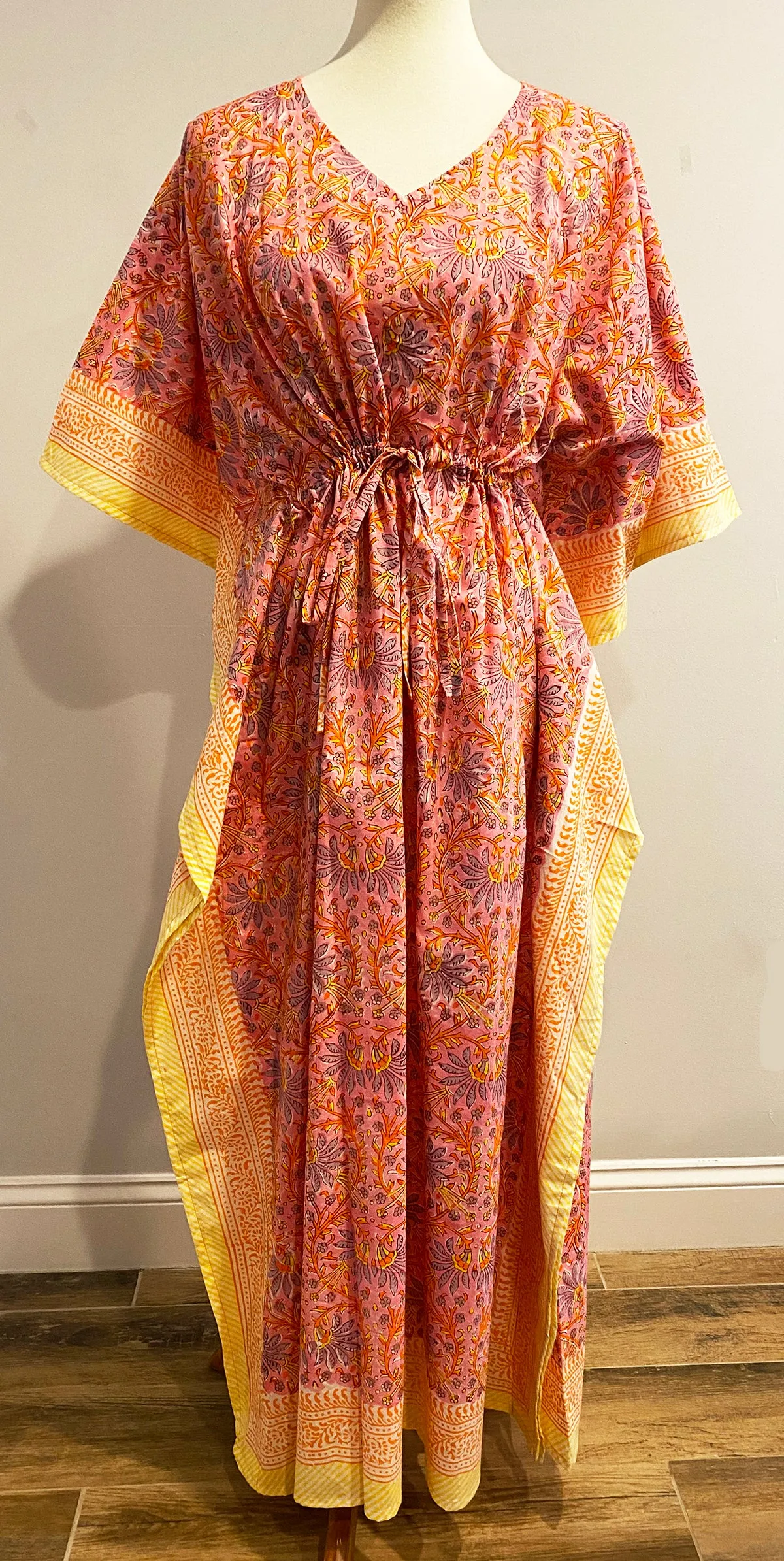 Border Print Long Kaftan | Pink