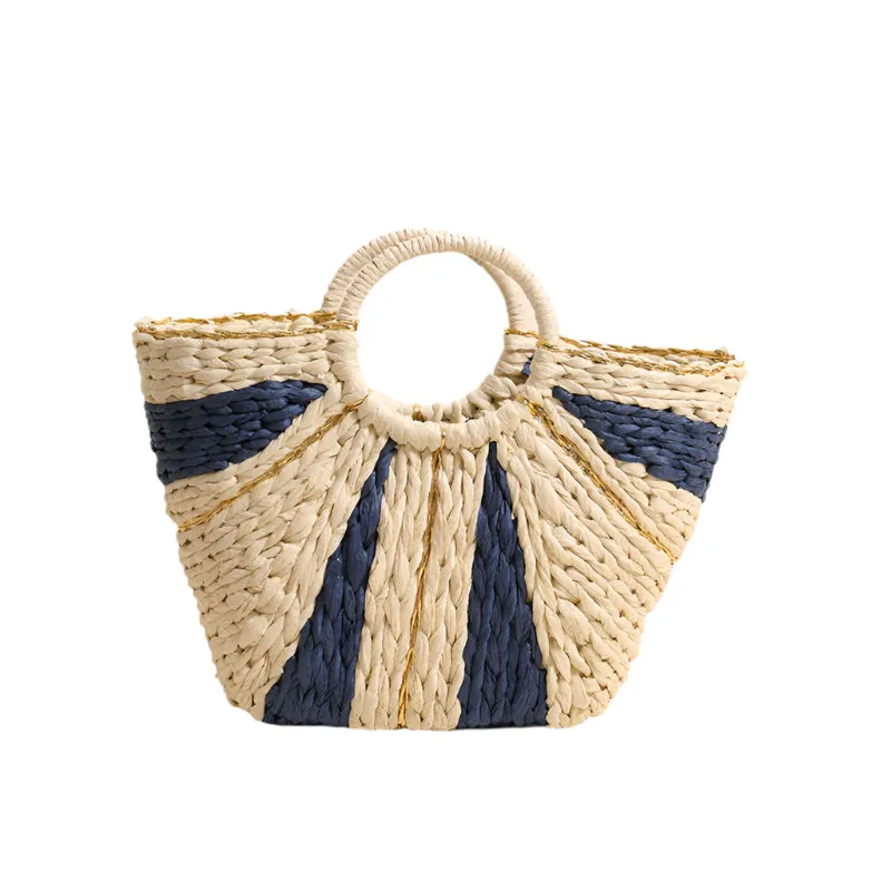 Circle Top Handle Woven Beach Bag