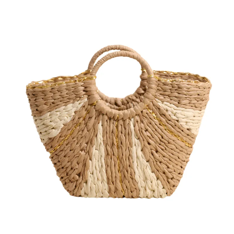 Circle Top Handle Woven Beach Bag