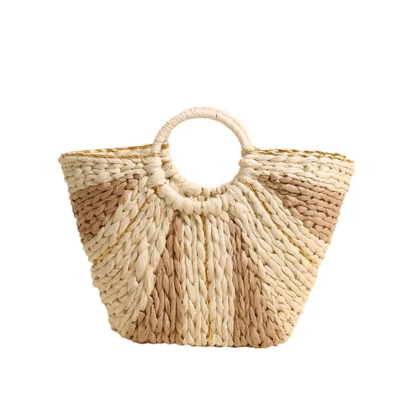 Circle Top Handle Woven Beach Bag