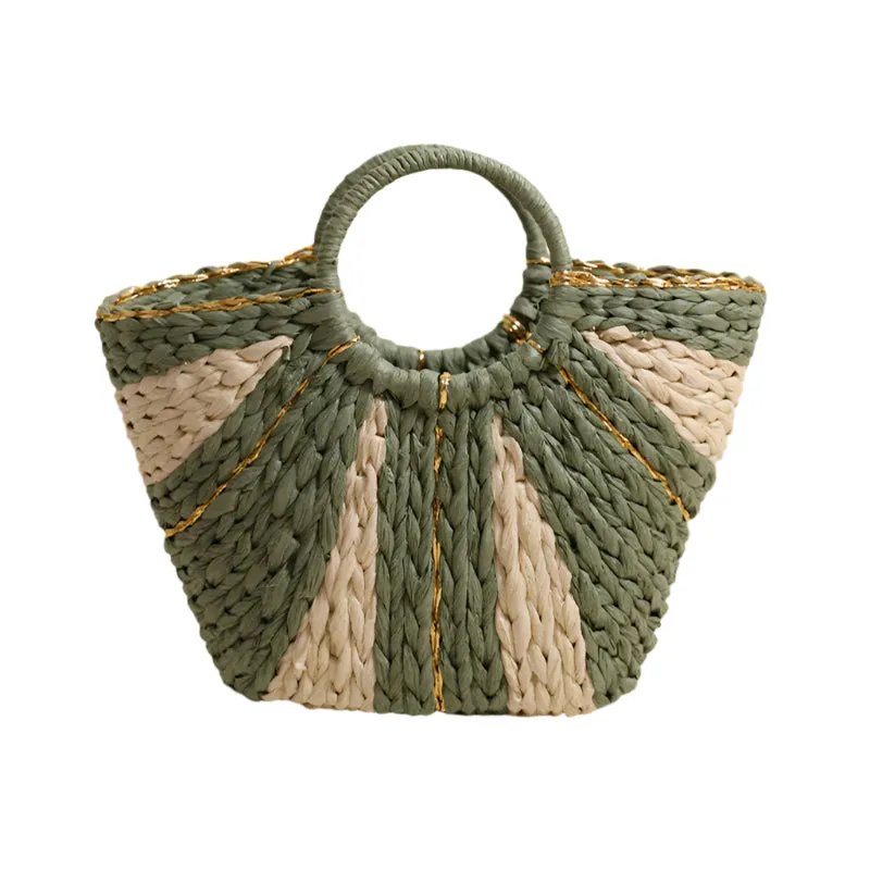 Circle Top Handle Woven Beach Bag
