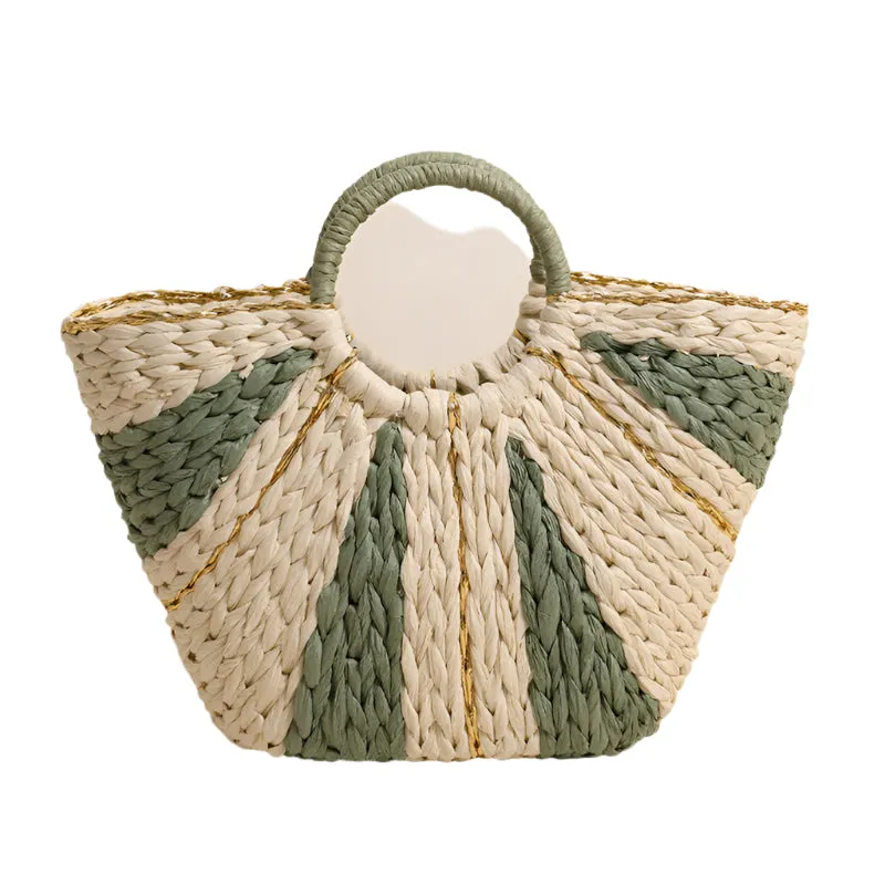 Circle Top Handle Woven Beach Bag