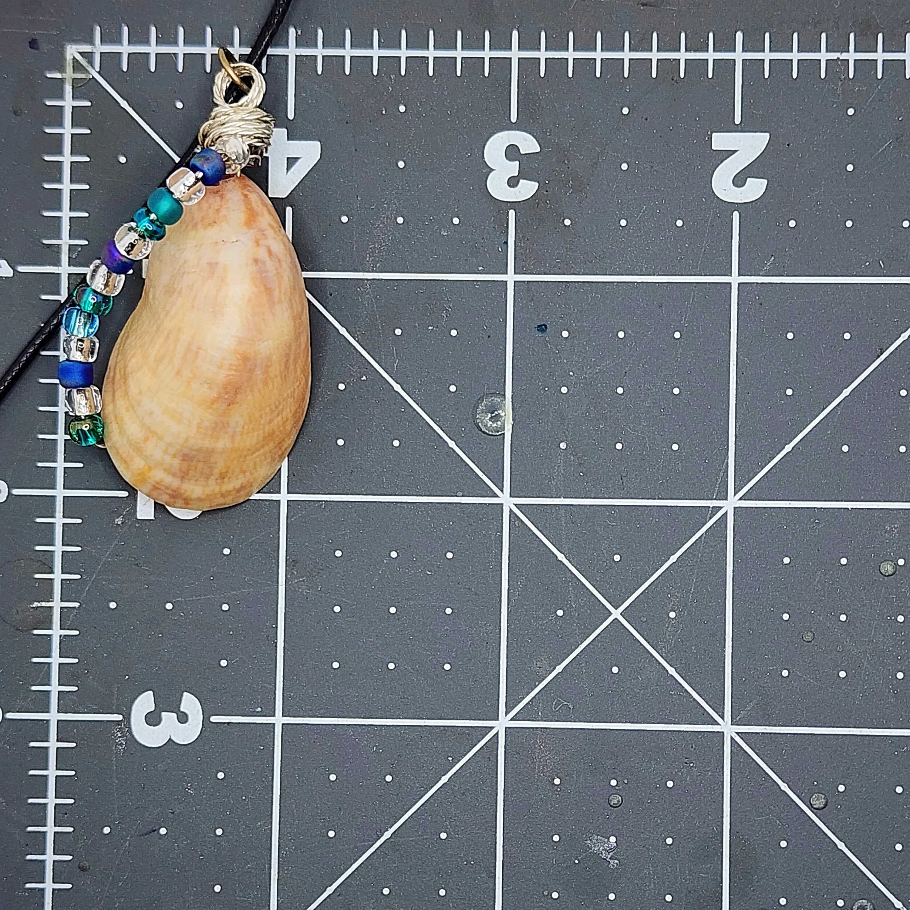Common Atlantic Slipper Shell  Handmade Pendant-Silver Wire Wrap- Blue-Silver-Green Glass Beads-Boho Style