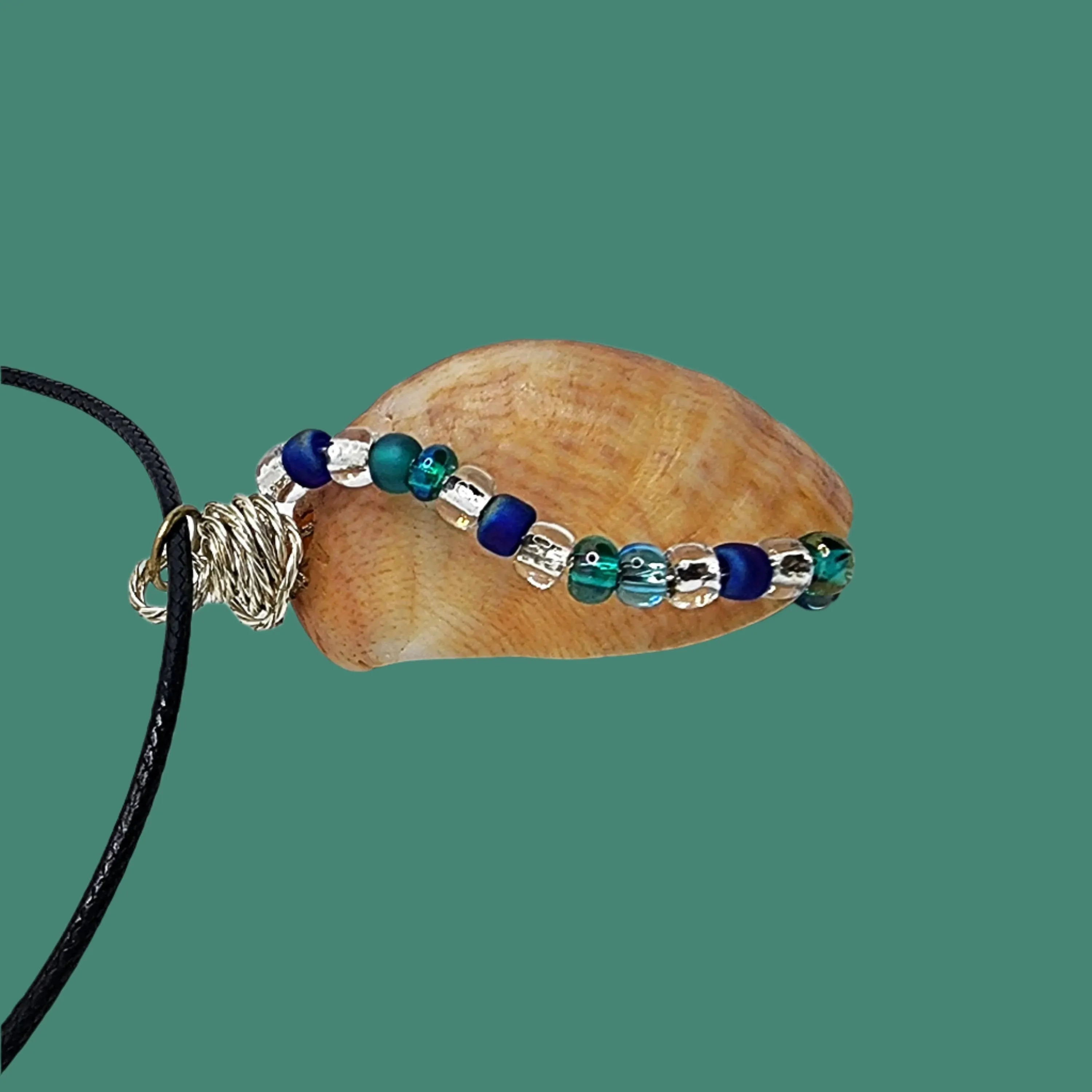 Common Atlantic Slipper Shell  Handmade Pendant-Silver Wire Wrap- Blue-Silver-Green Glass Beads-Boho Style