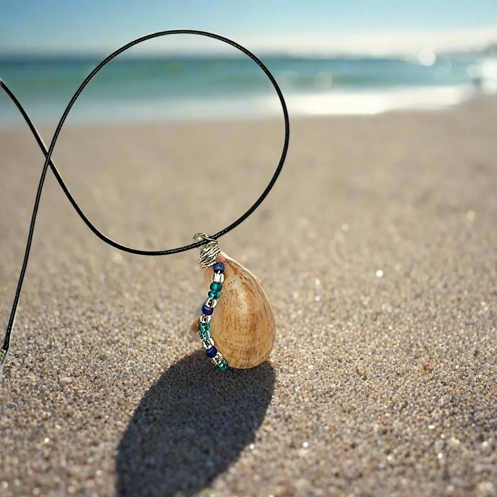Common Atlantic Slipper Shell  Handmade Pendant-Silver Wire Wrap- Blue-Silver-Green Glass Beads-Boho Style