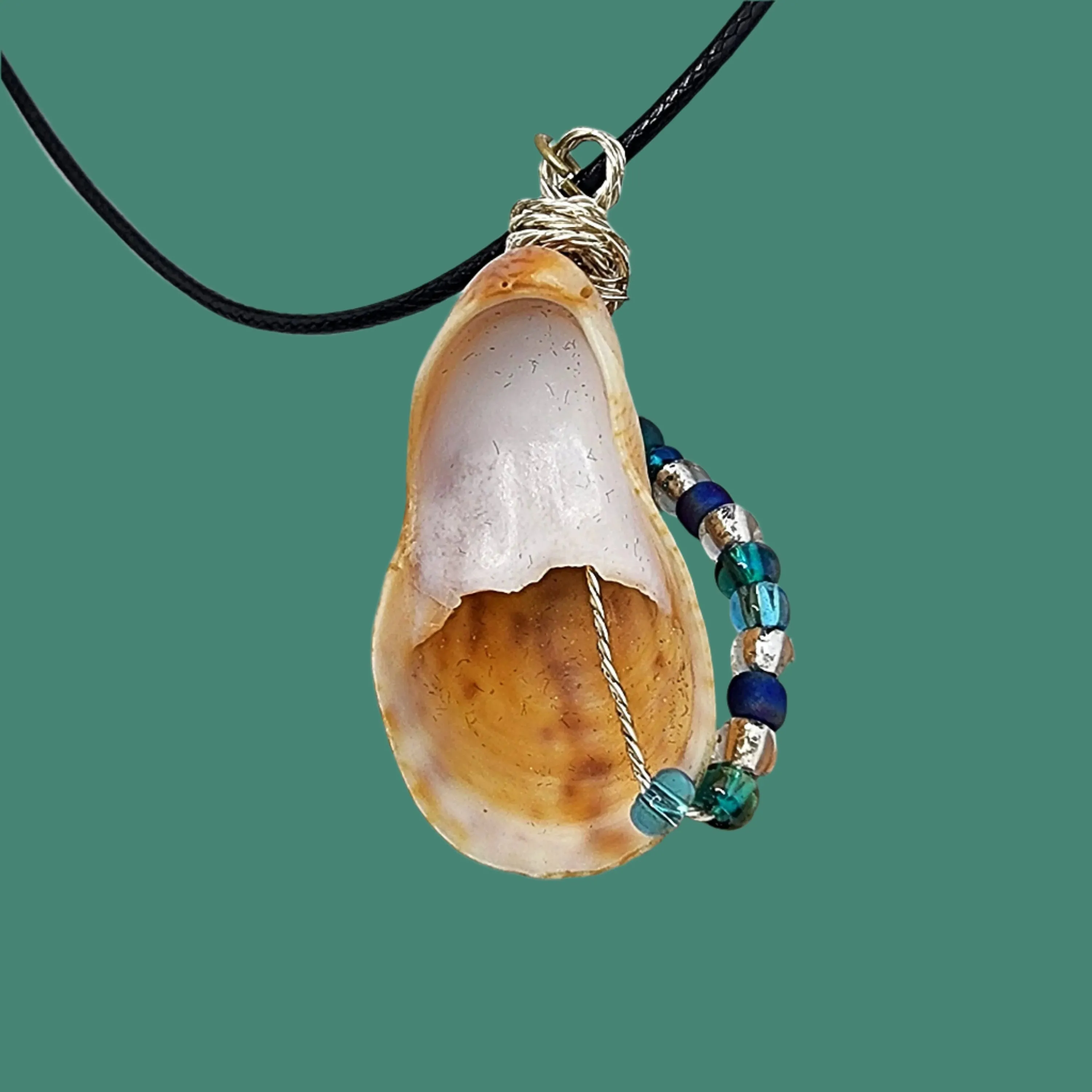Common Atlantic Slipper Shell  Handmade Pendant-Silver Wire Wrap- Blue-Silver-Green Glass Beads-Boho Style