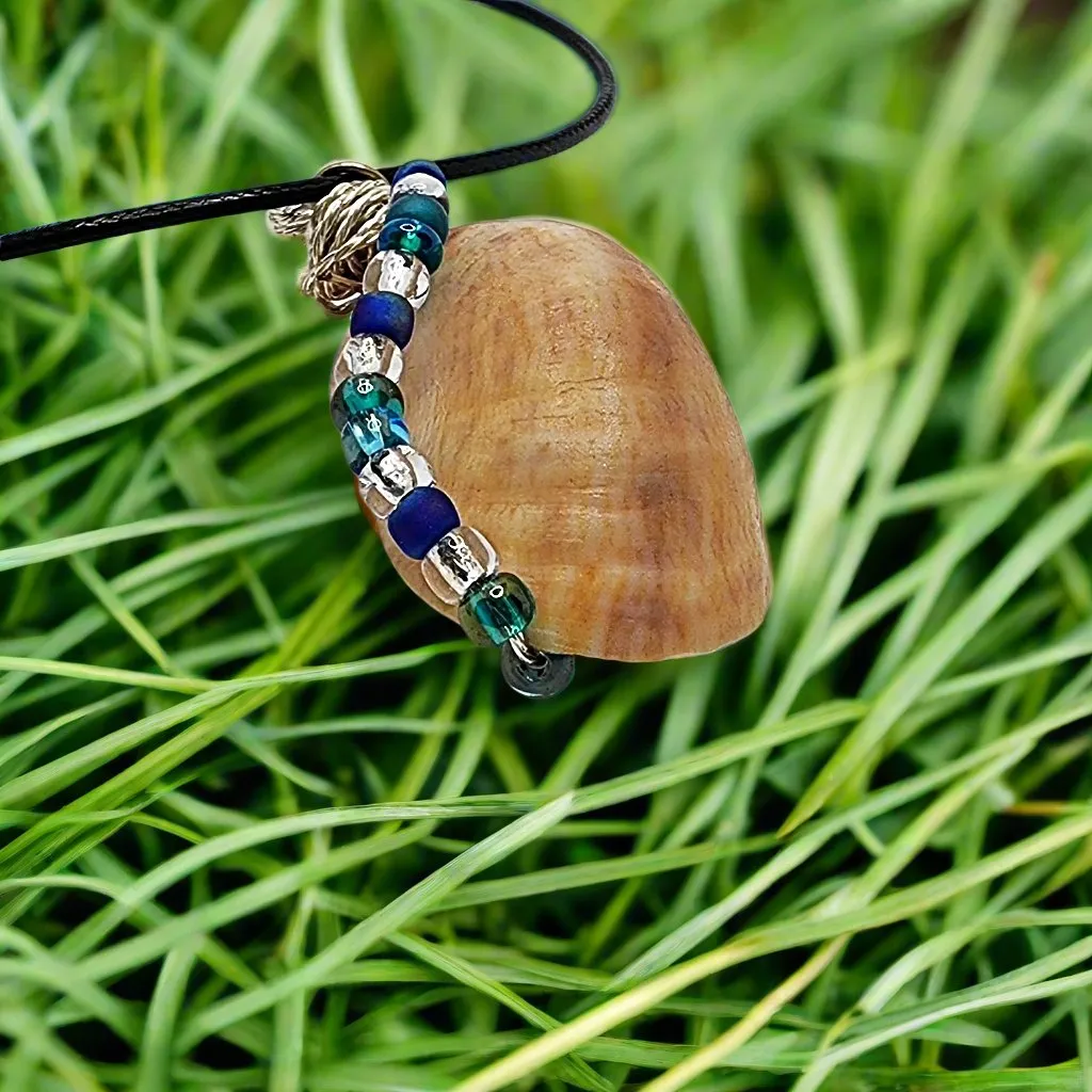 Common Atlantic Slipper Shell  Handmade Pendant-Silver Wire Wrap- Blue-Silver-Green Glass Beads-Boho Style