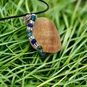 Common Atlantic Slipper Shell  Handmade Pendant-Silver Wire Wrap- Blue-Silver-Green Glass Beads-Boho Style