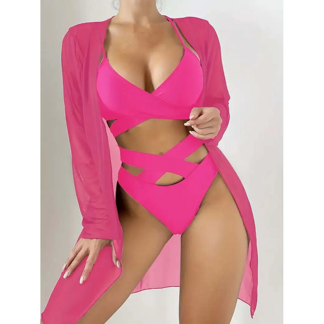 Cover-up Lace-up Bikini Swimsuit Three-piece Set