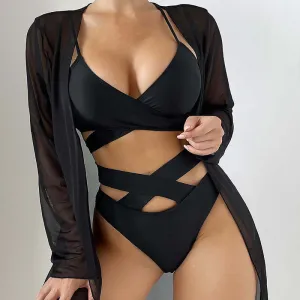 Cover-up Lace-up Bikini Swimsuit Three-piece Set