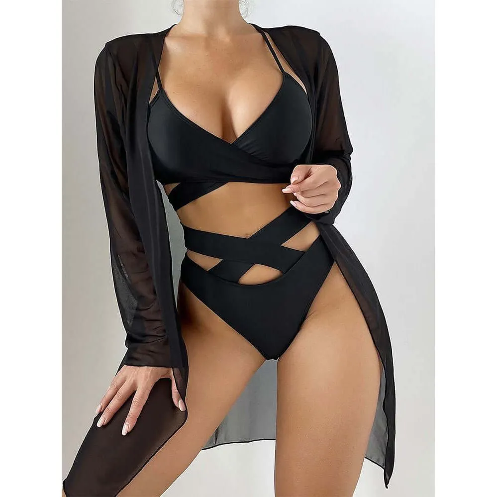 Cover-up Lace-up Bikini Swimsuit Three-piece Set