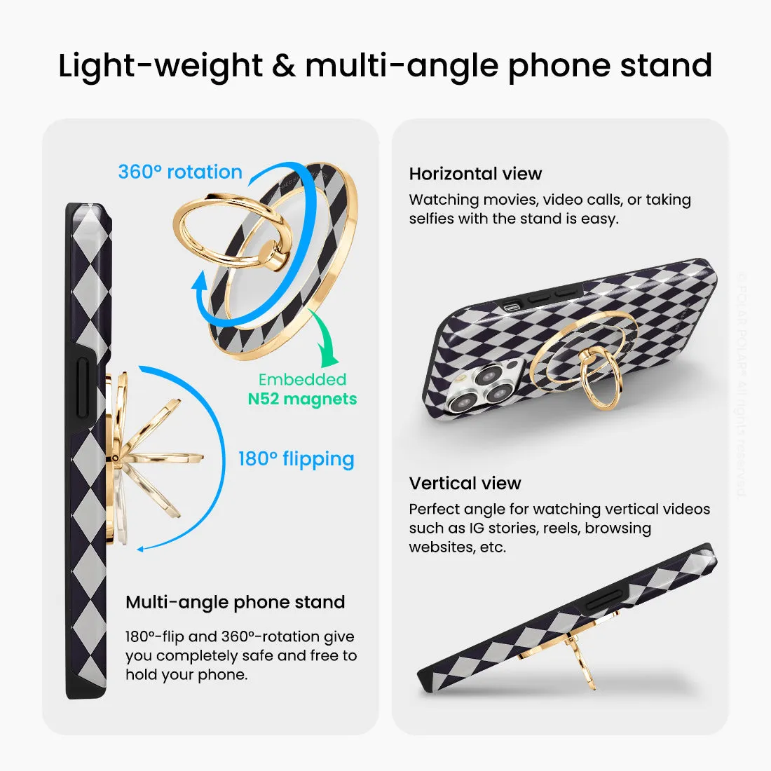 Diamond Black Checker - Golden MagSafe Phone Grip and Ring Holder Stand