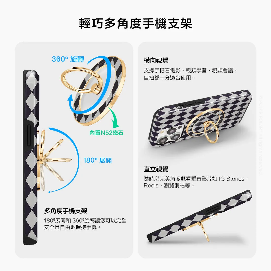 Diamond Black Checker - Golden MagSafe Phone Grip and Ring Holder Stand