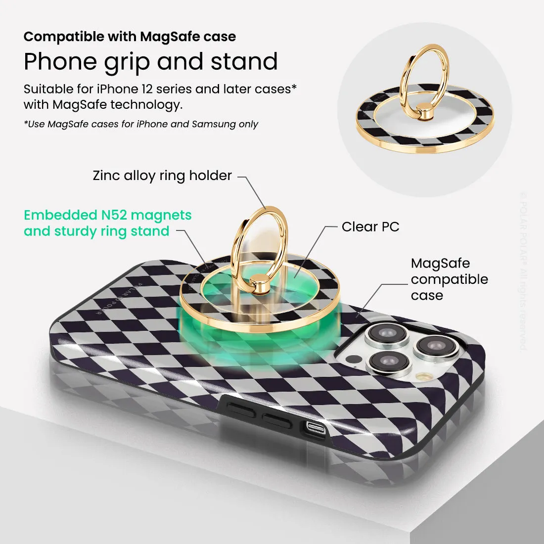 Diamond Black Checker - Golden MagSafe Phone Grip and Ring Holder Stand