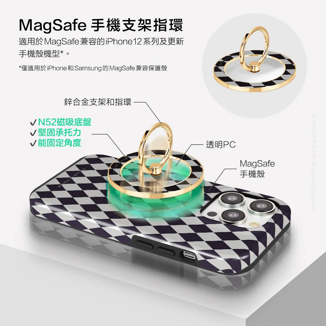 Diamond Black Checker - Golden MagSafe Phone Grip and Ring Holder Stand
