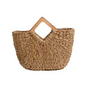 Diamond Shaped Wooden Handle Straw Bag