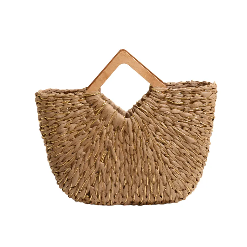 Diamond Shaped Wooden Handle Straw Bag