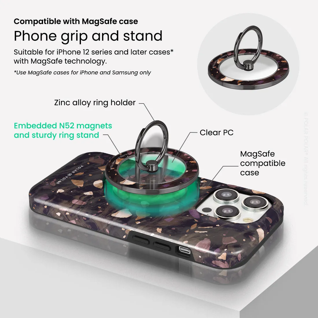 Eminence Terrazzo Gem - Black MagSafe Phone Grip and Ring Holder Stand