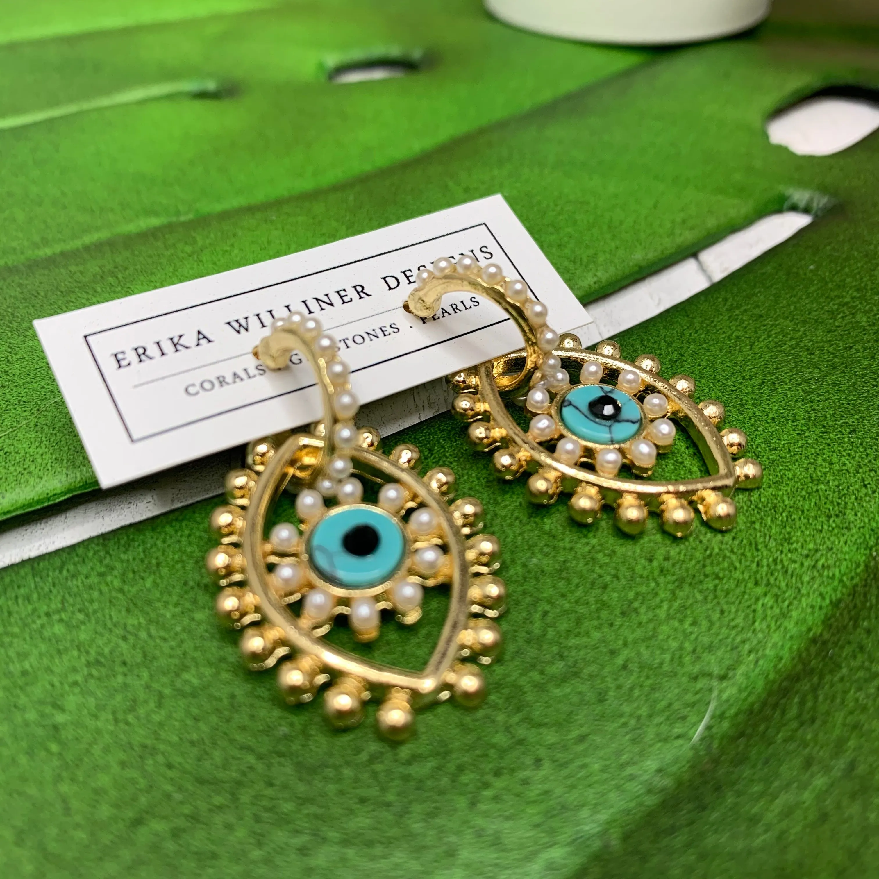 Evil Eye Dangly Earrings with Pearls Hoops 220-47 | Erika Williner Designs