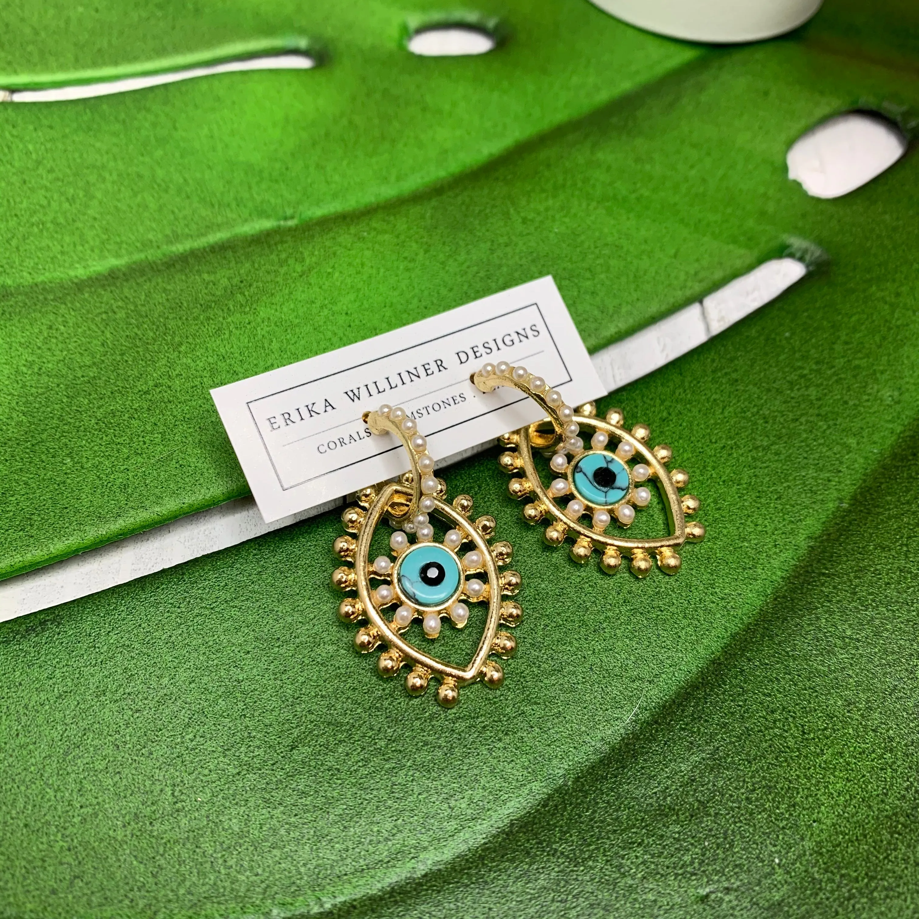 Evil Eye Dangly Earrings with Pearls Hoops 220-47 | Erika Williner Designs