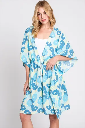 FLOWER PRINT SELF-TIE DRAWSTRING OPEN FRONT COVER-UP