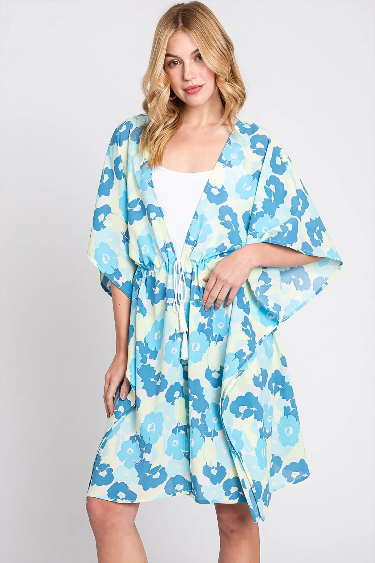 FLOWER PRINT SELF-TIE DRAWSTRING OPEN FRONT COVER-UP