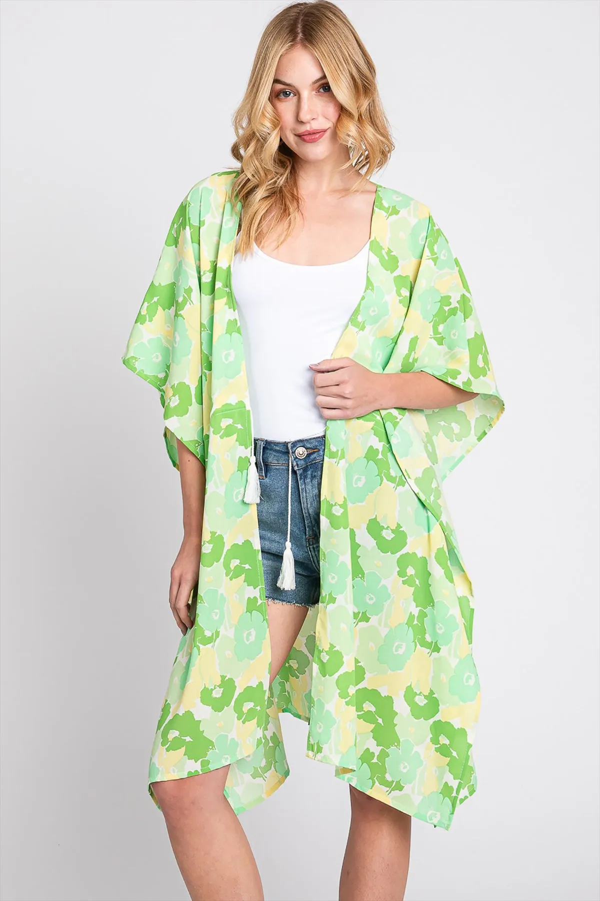 FLOWER PRINT SELF-TIE DRAWSTRING OPEN FRONT COVER-UP