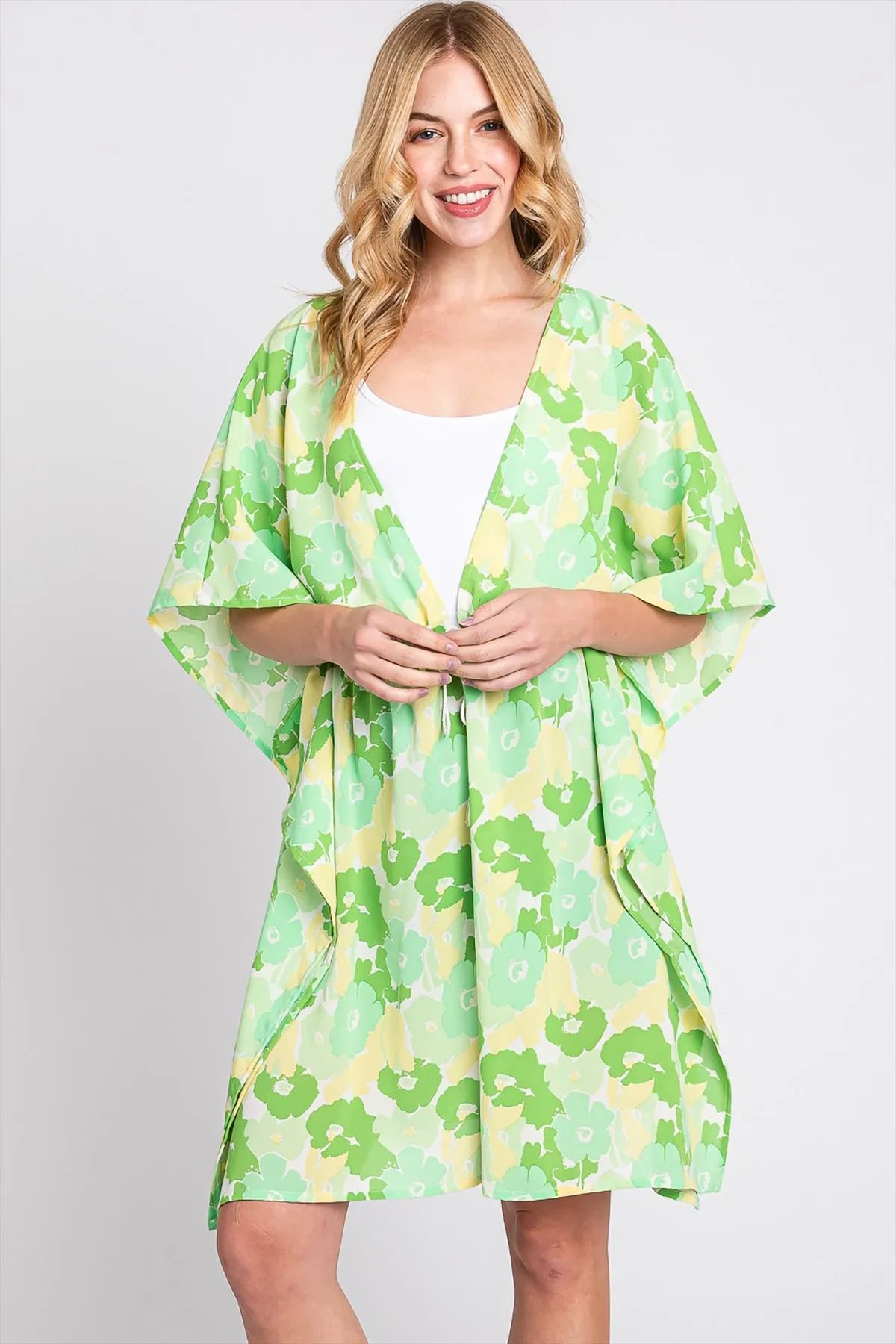 FLOWER PRINT SELF-TIE DRAWSTRING OPEN FRONT COVER-UP