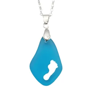 Footprint Blue Sea Glass Necklace Tells a Story of Sandy Beach and Cherished Memories, Unique Gift For Your Trip or a Special Time
